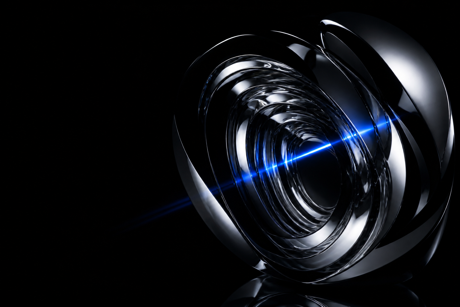 Abstract black chrome and optical glass sculpture crossed by blue light