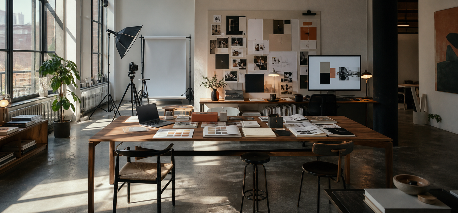HT-X Studio creative workspace with brand design desk, photography setup and campaign work area