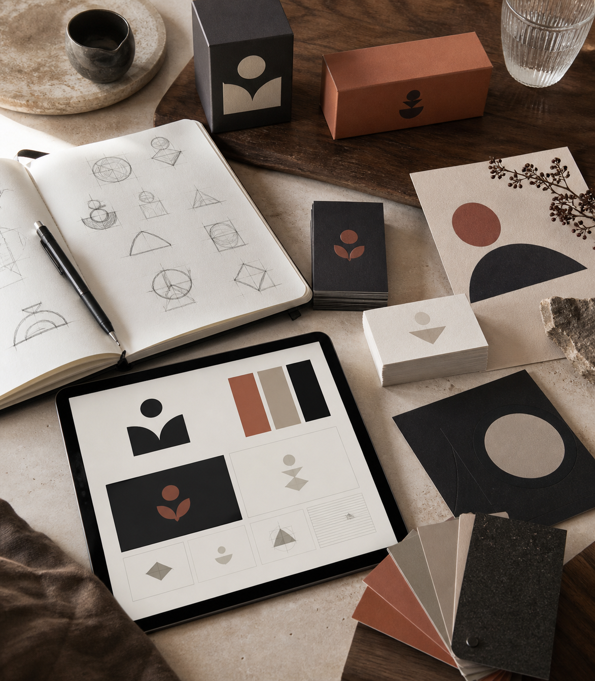 Brand identity design system with logo concepts, packaging and color palette
