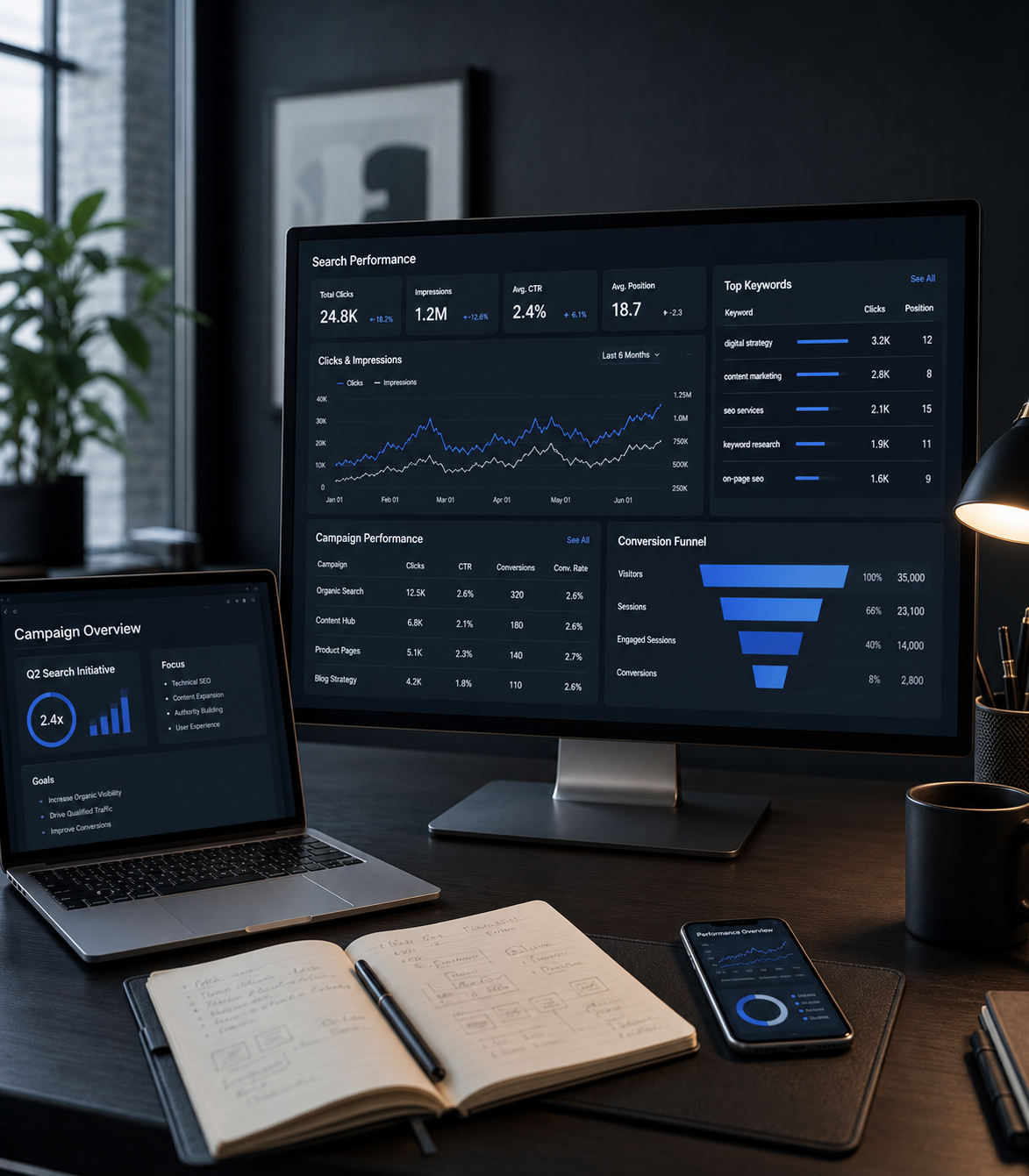 SEO and SEM campaign workspace with search performance and conversion analytics