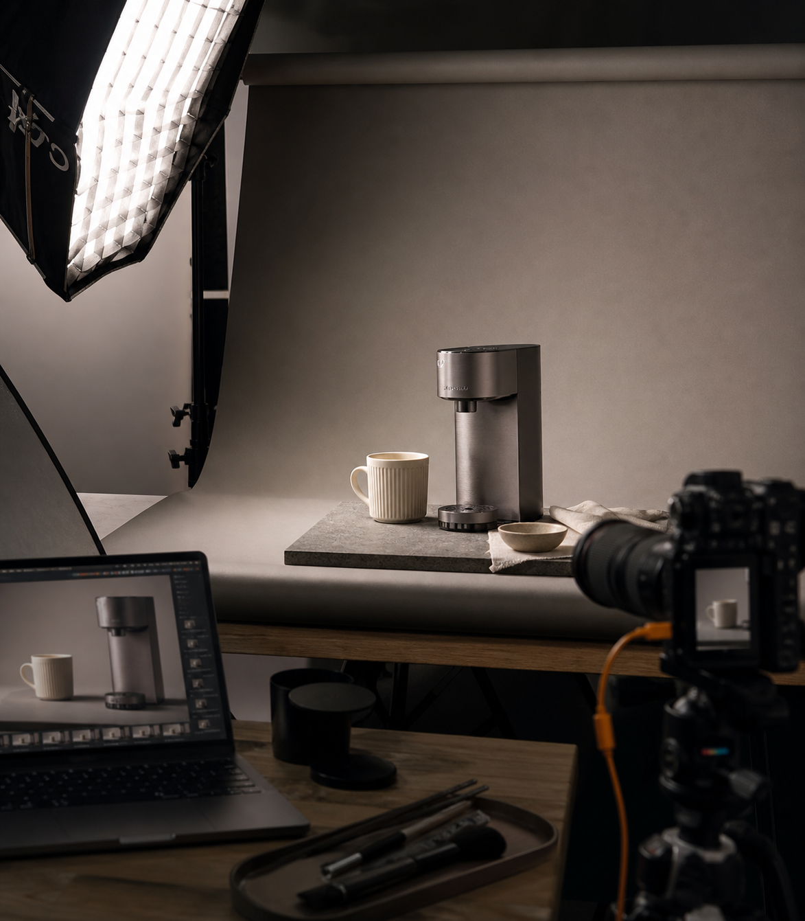Commercial product photography production with camera, lighting and styling setup
